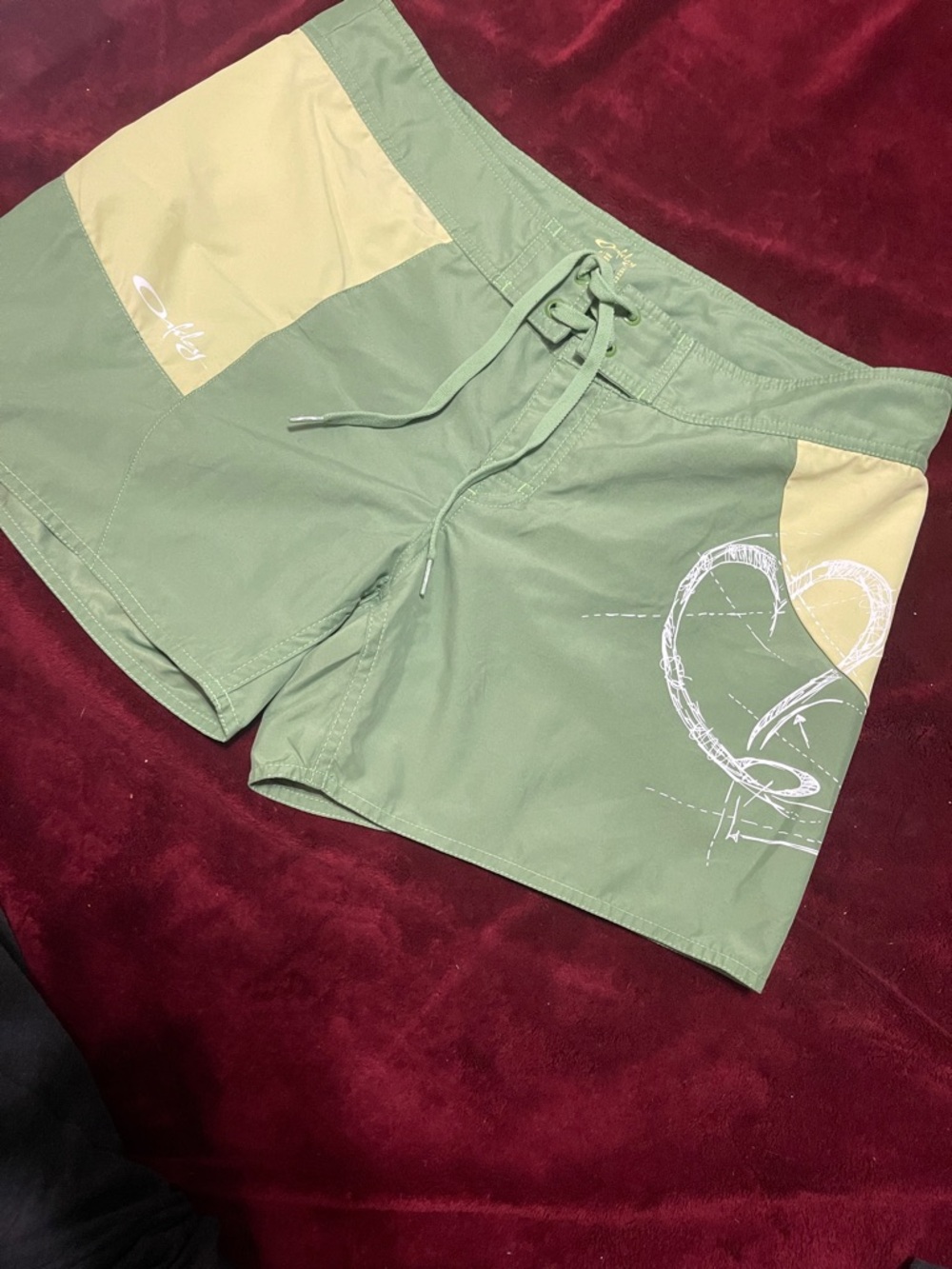 Oakley Green and Yellow with white Heart Graphic ladies board shorts
